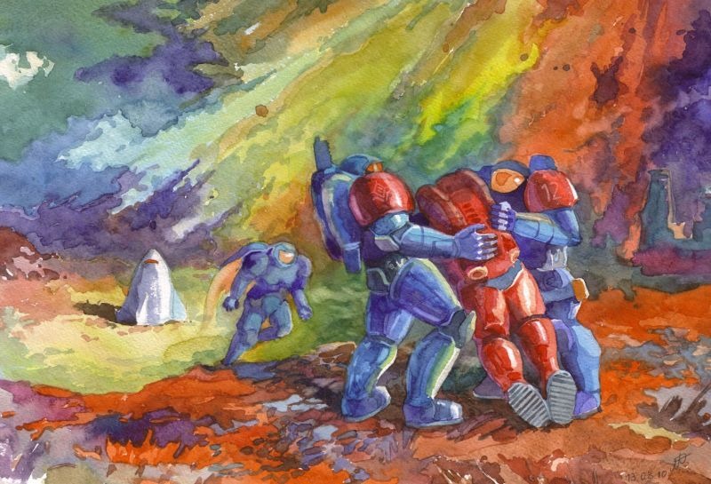 Рико и Эйс тащат раненого Диззи Флореса. На помощь идёт сержант Джелал…