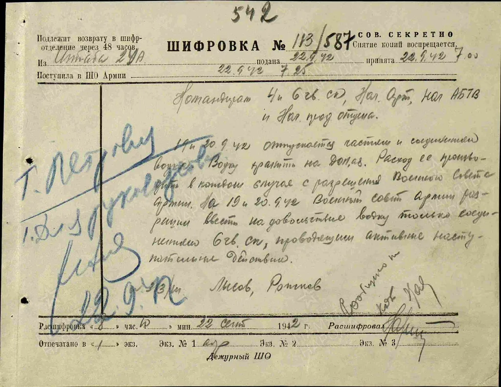 22.09.1942 г. Архив: ЦАМО, Фонд: 821, Опись: 1, Дело: 252, Лист начала документа в деле: 542 Авторы документа: 2 Уд. А, Лысов, Рожков.