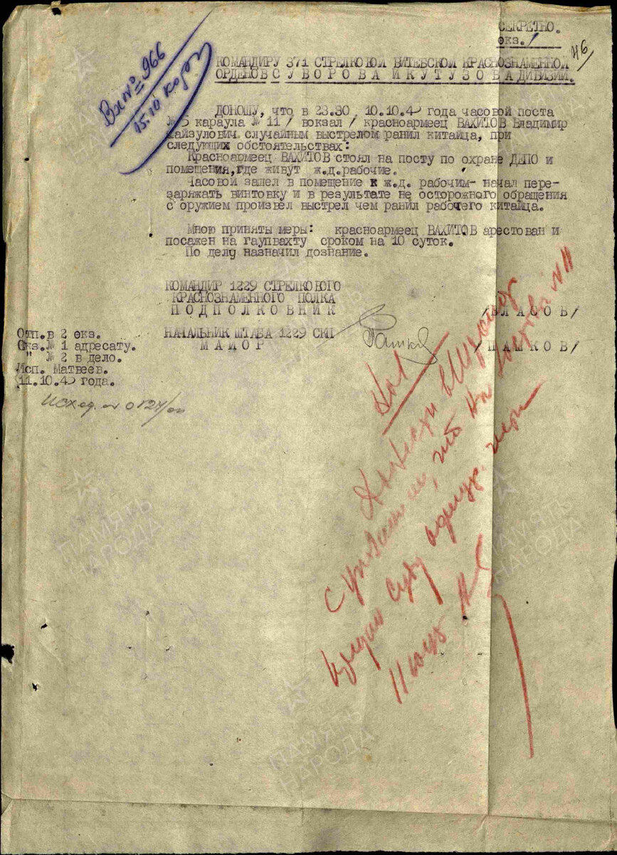 Рапорты. № документа: 124/ОП, Дата создания документа: 11.10.1945 г. Архив: ЦАМО, Фонд: 1692, Опись: 1, Дело: 130, Лист начала документа в деле: 46. Авторы документа: 1229 сп, подполковник Власов, майор Пашков.