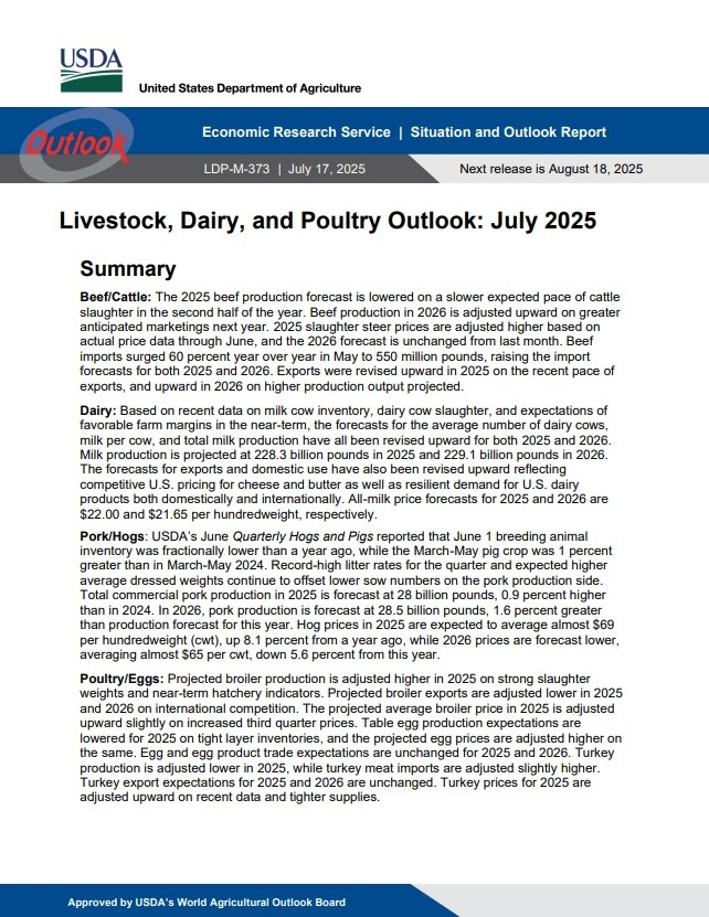 Министерство сельского хозяйства США: Перспективы животноводства, молочного хозяйства и птицеводства: июль 2025 г.