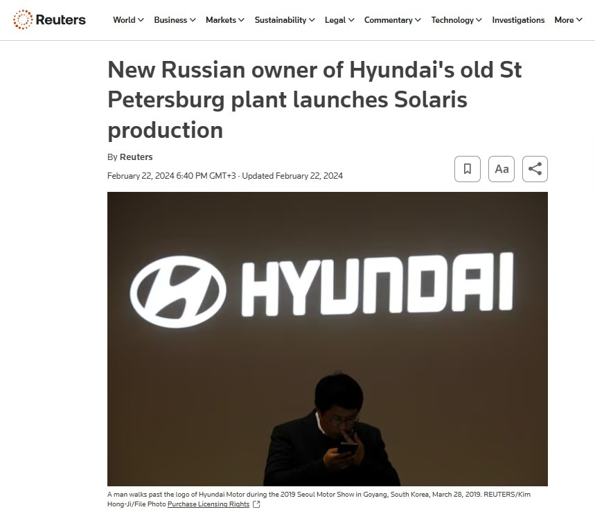 Reuters: новый российский владелец старого завода Hyundai в Санкт-Петербурге запускает производство Solaris