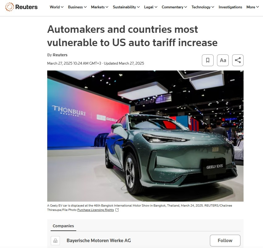 Reuters: автопроизводители и страны, наиболее уязвимые к повышению автомобильных тарифов в США