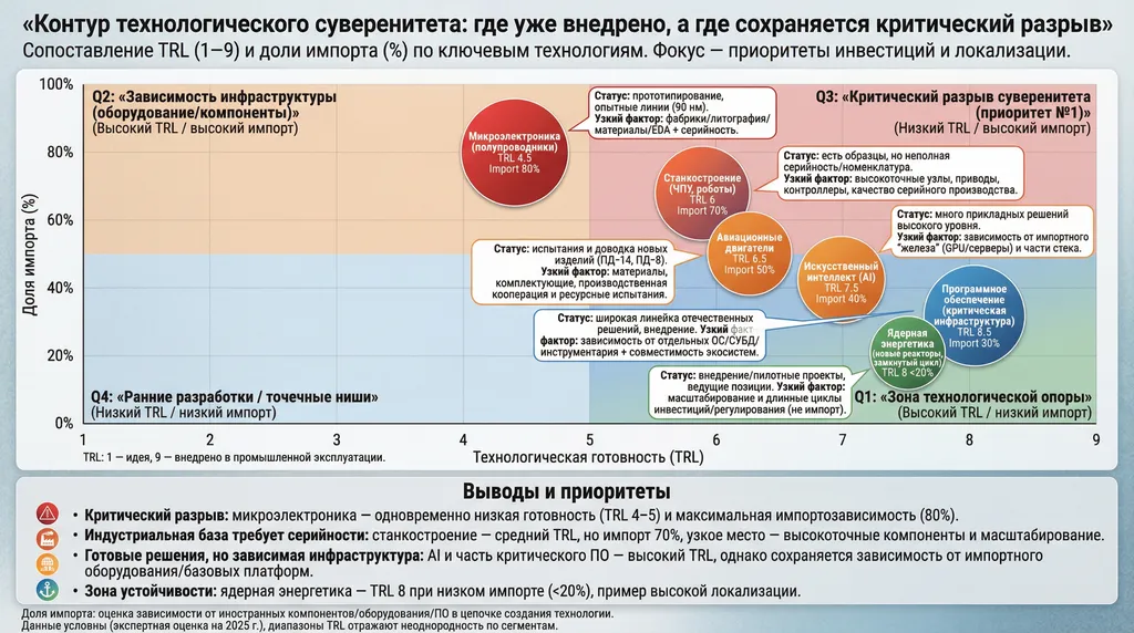 Инфографика "Критические технологии: технологическая готовность (TRL) и импортозависимость, 2025 (экспертная оценка)" Автор ИИ Маркиз