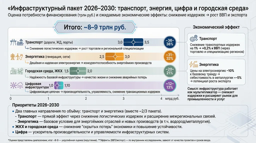 Инфографика "Инвестиции в инфраструктуру 2026–2030: снятие “бутылочных горлышек” и рост эффективности" Автор ИИ Маркиз