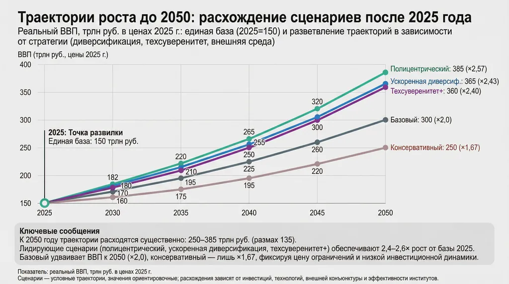 Инфографика "Макропрогноз реального ВВП по сценариям (цены 2025 г.), 2025–2050" Автор ИИ Маркиз