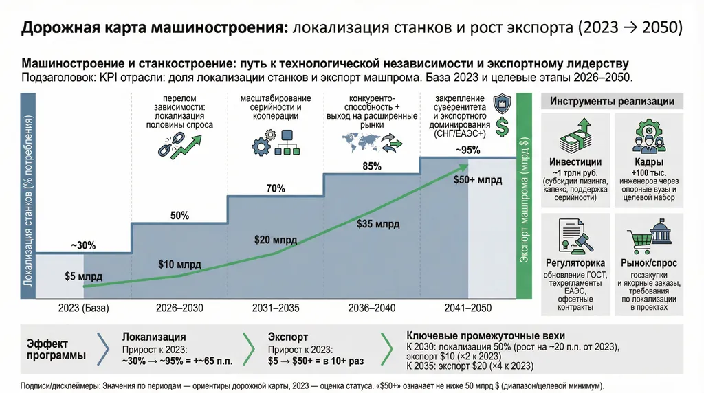 Инфографика "Дорожная карта машиностроения: локализация станков и рост экспорта (2023 → 2050)" Автор ИИ Маркиз