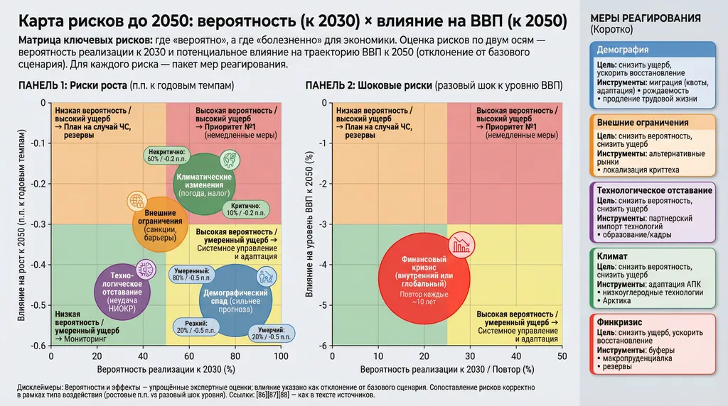 Инфографика "Карта рисков до 2050: вероятность (к 2030) × влияние на ВВП (к 2050)" Автор ИИ Маркиз