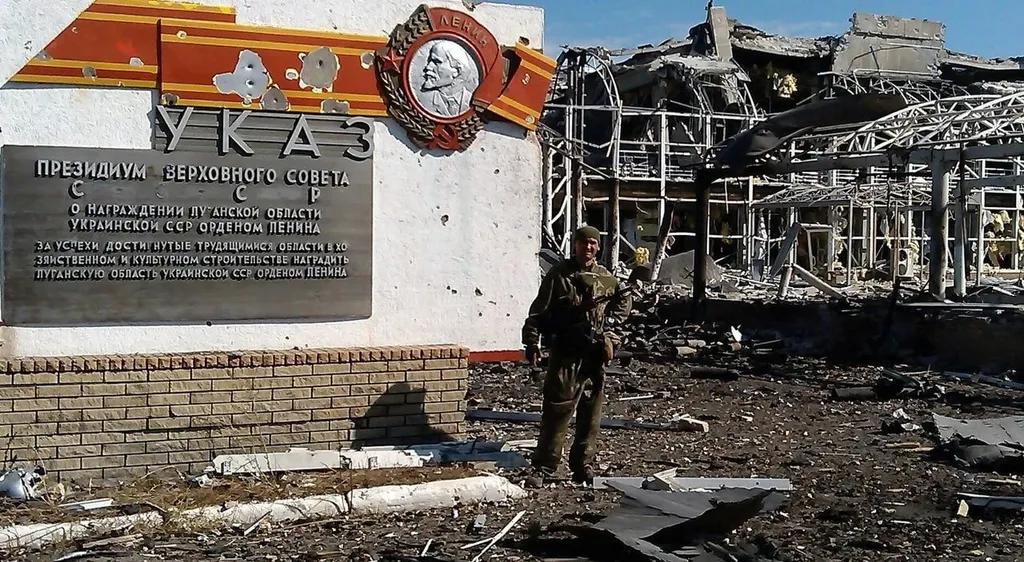 At the destroyed entrance to the Luhansk Airport terminal. PHOTO: ANNA-News