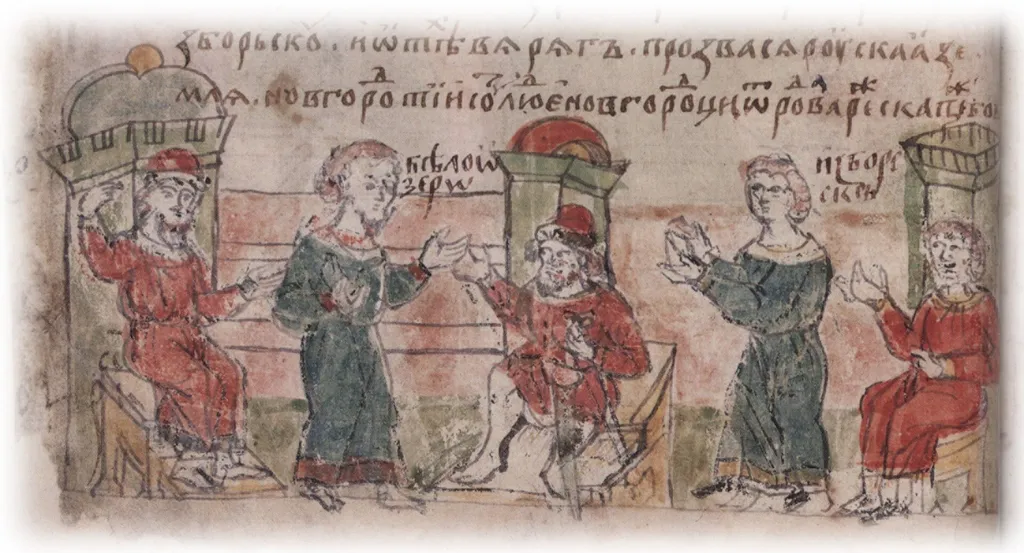 Княжение варяжских братьев Рюрика, Синеуса и Трувора. Миниатюра из Радзивилловской летописи, конец XV века.