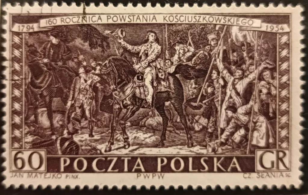 Марка, выпущенная в Польской Народной Республике в честь 160-летия восстания Костюшко с картиной Яна Матейко "«Костюшко под Рацлавицами».