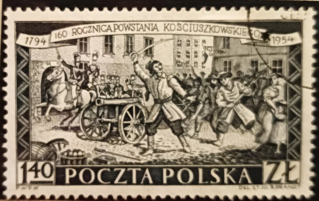 Марка, выпущенная в Польской Народной Республике в честь 160-летия восстания Костюшко с картиной "Ян Килинский возглавляет атаку в Варшаве"