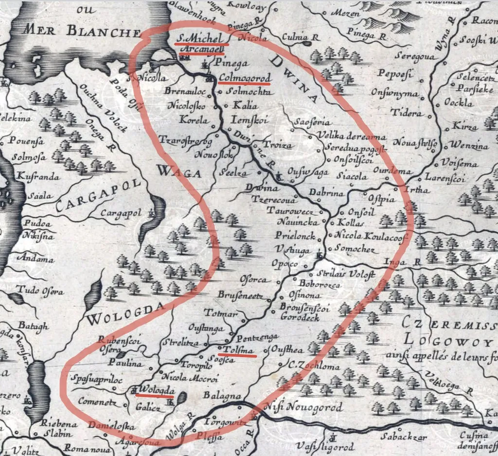 Фрагмент Carte de la Grande Russie ou Moscovie (изд. 1663) французского географа Пьера Дюваля. Дюваль был племянником и учеником «отца французской картографии» Николя Сансона. Карта Дюваля в значительной степени следует Estats du Czar ou Grand Duc de la Russie Blanche ou Moscovie (изд. 1648 г.) Сансона.