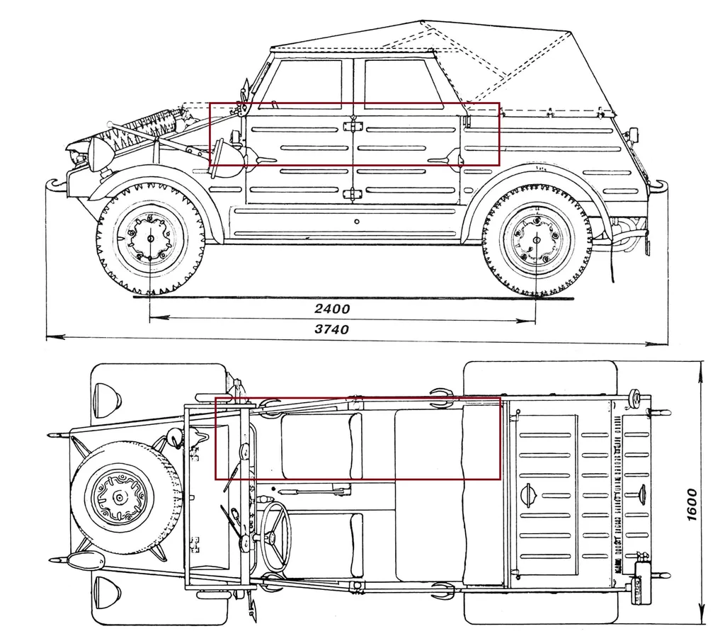 Примерный объём для размещения лежачего раненого на "Кюбеле", обеспечить возможность эвакуации одного человека в машине такого размера вполне реально.