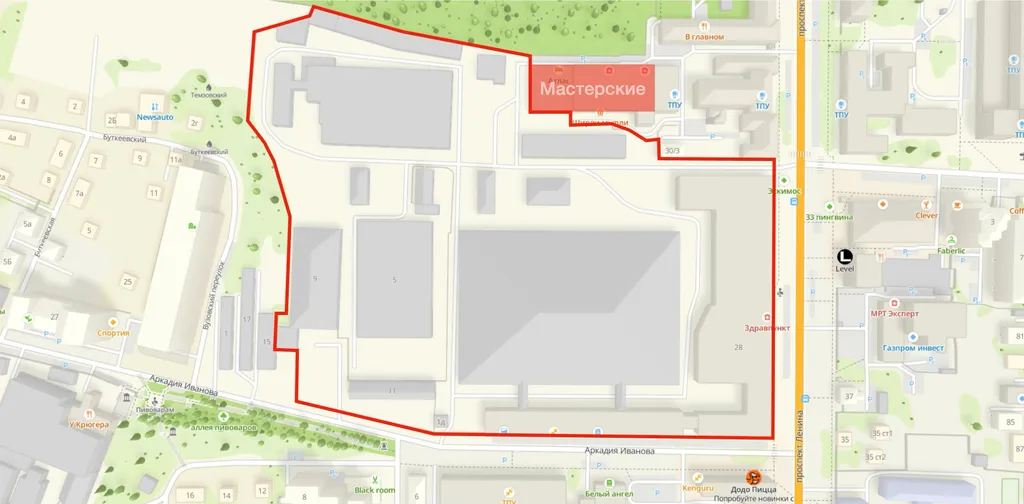 Территория мастерских относительно территории ТЭМЗ