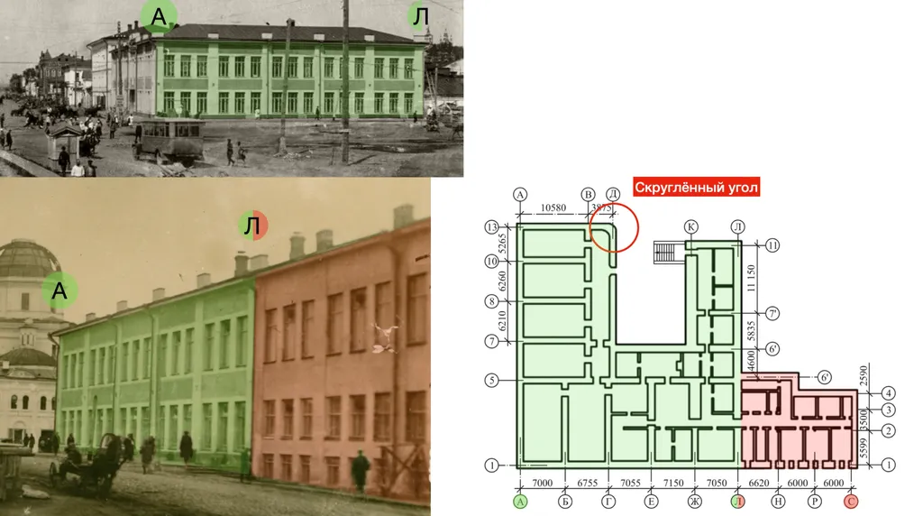 Зелёным — имперская часть, красным — советская