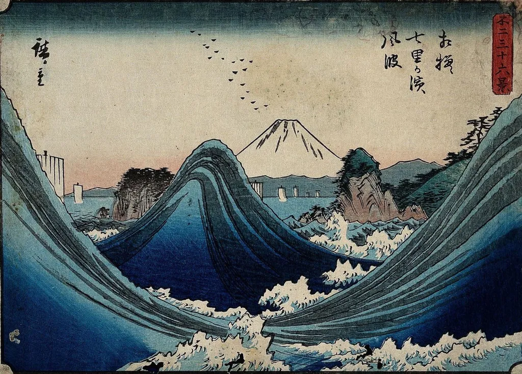 Utagawa Hiroshige, «The view from Manzato mount Fuji through the raging waves». The series «36 views of Fuji», 1850s
