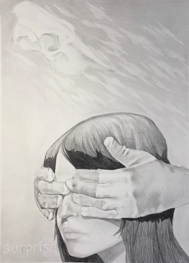 Surprise, Pencil, charcoal and ink on paper, 41×30 cm, 2024