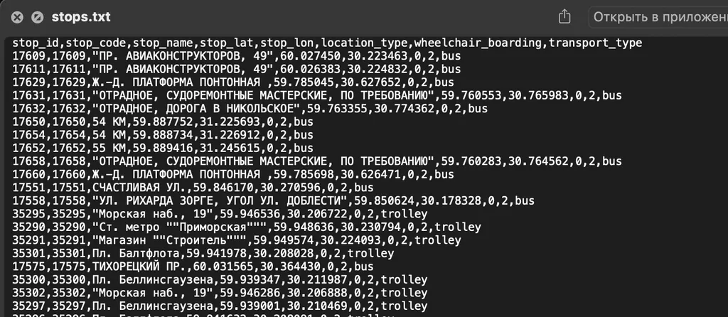 остановки в формате csv