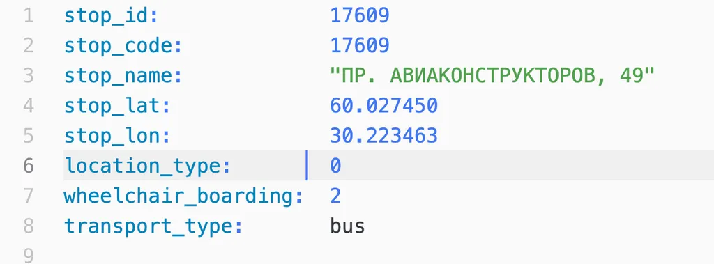соответвие заголовков атрибутам первой остановки