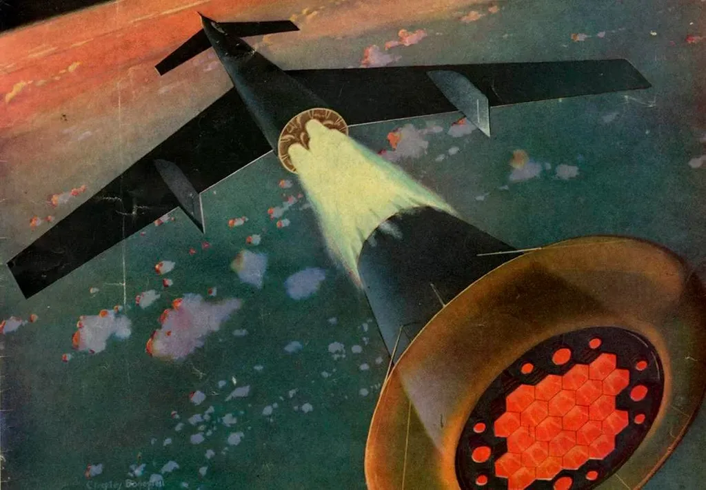 Всё тот же Кольерс, иллюстрация к статье "Человек покорит космос. Уже скоро". Многоразовый космический паром фон Брауна. Отдельное внимание обратите на характерные конструктивные недочёты, которые делают эту лайбу в послезнании терминально нелётнопригодной. Типичный признак отсталости любой высокотехнологичной отрасли третьего Рейха =8-Ъ