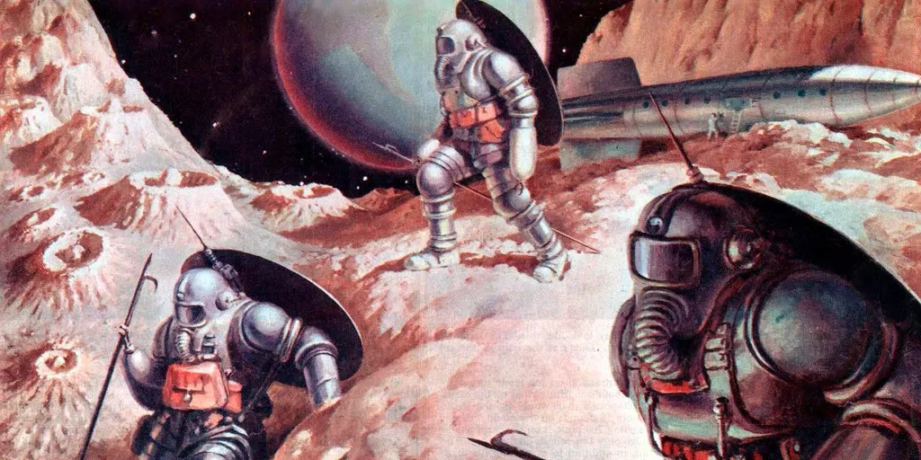 Типичная Луна в представлении художников 1950-ых. Странные щиты на бронескафандрах — всего лишь зонтики для защиты от палящего зноя космического полдня.