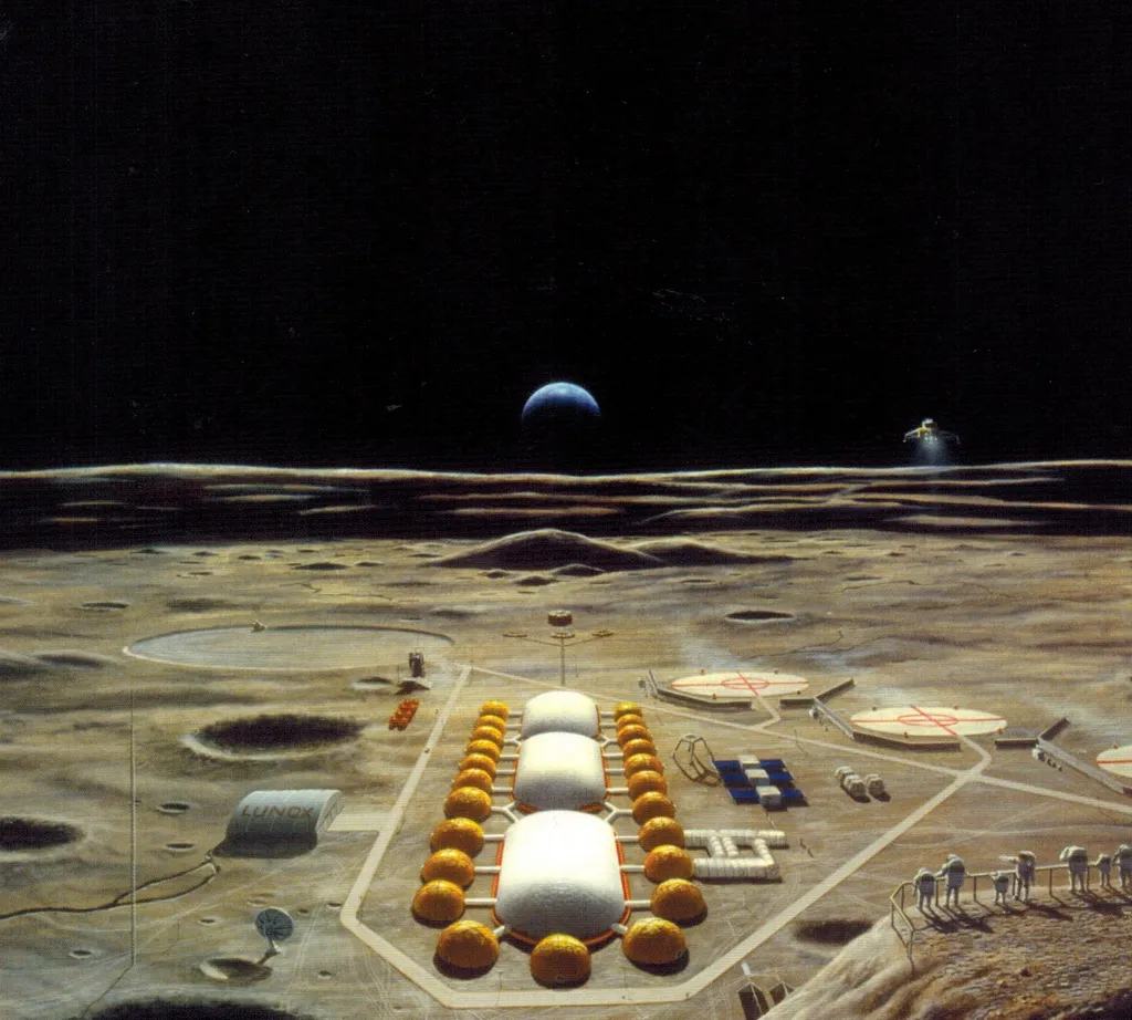 Лунная база прекрасного далёкого 2020 года. Её и год создания картины разделяют увесистые тридцать лет. Вполне можно успеть. Ведь можно же, правда? Обратите внимание на плешь слева вверху за базой - это карьер. Рыть глубже одного штыка вниз  на Луне в целом незачем. 