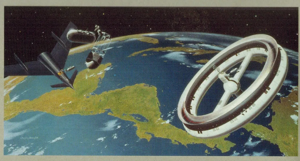 Космоплан на подлёте к станции. Перегрузка снабжения - космическими джипами. Стыковка - к вращающемуся пирсу в оси станции. Отдельное внимание - на электростанцию по всей обращённой к солнцу части станции и трубу с перегретой ртутью в фокусе зеркала..