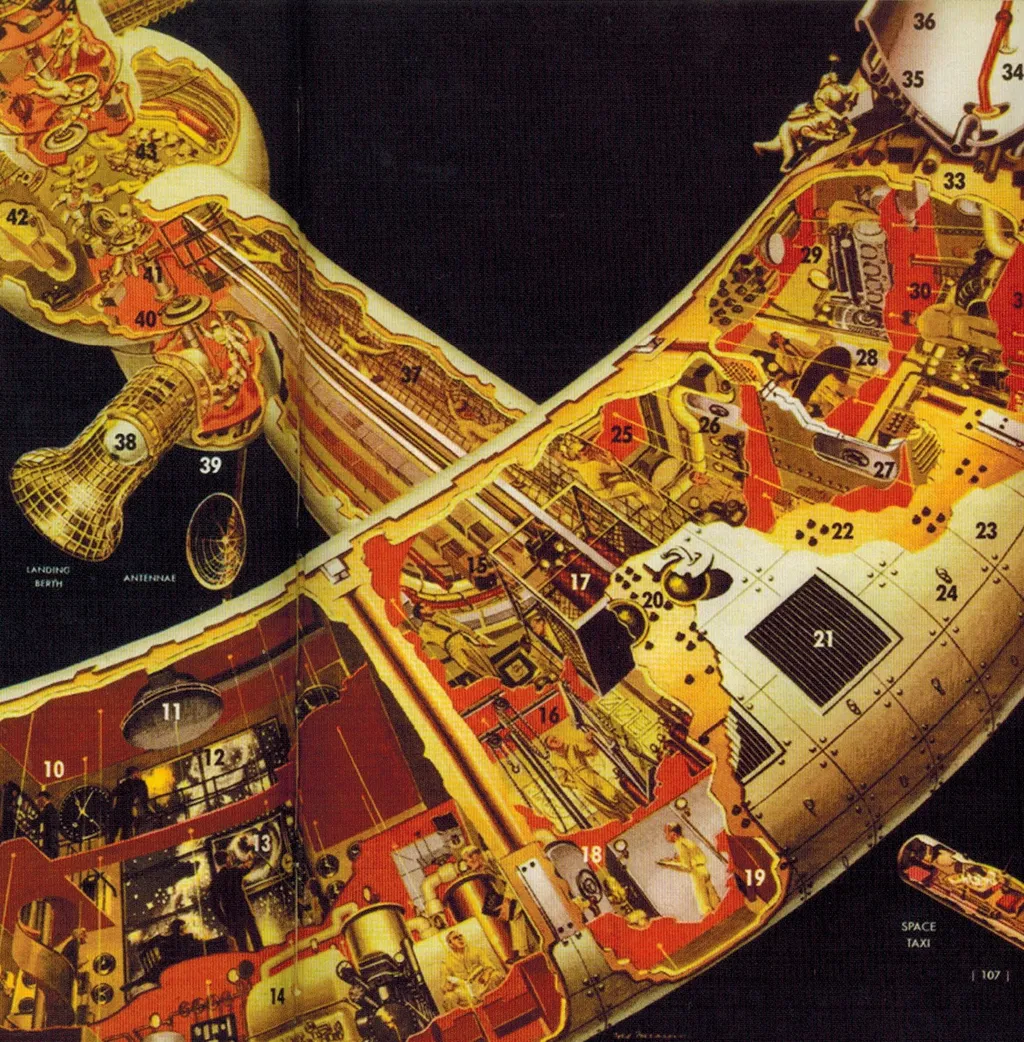 То же самое в разрезе. Неплохо видно деление бублика на этажи, а в правом верхнем углу - ВКД пары космических трубопроводчиков.