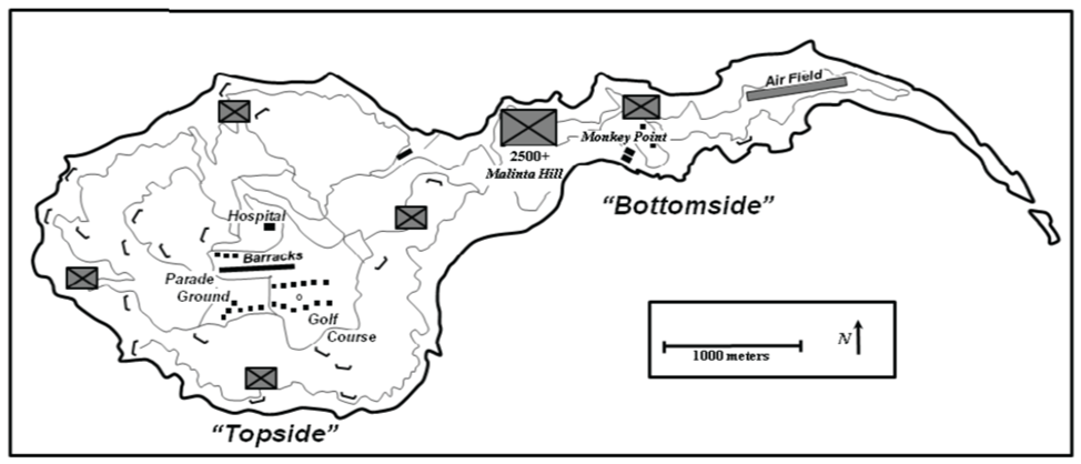 Карта 1. Дислокация японских войск на Коррехидоре, по состоянию на январь 1945 года.