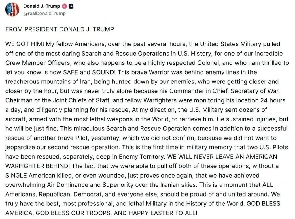 О спасении второго пилота F-15E сообщает Дональд Трамп